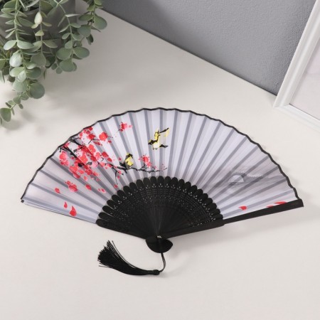 Fan bamboo, textiles h = 21 cm "red sakura with birds" white, with a brush