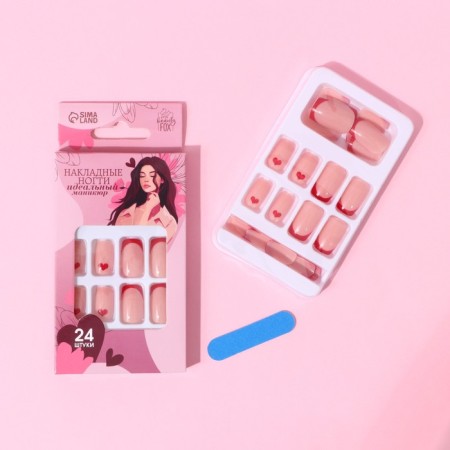 Follow nails "Love", 24 pcs, adhesive plates, square shape, glossy pink/red color-1