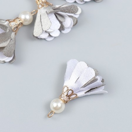 Decor Textile "Flower 2 colors with pearls. Gray and white" set 6 pcs 3 cm-1