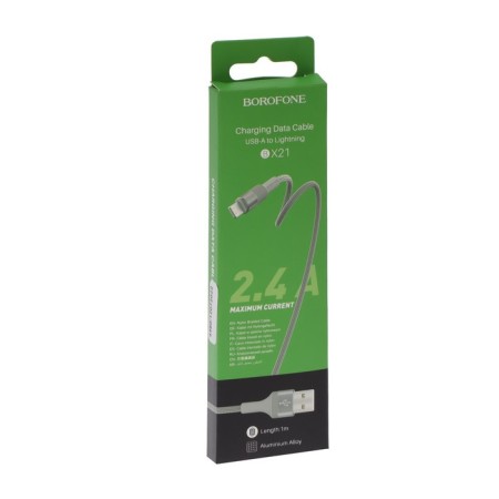 Cable Borofone BX21, Lightning - USB, 2.4 A, 1 m, fabric braid, gray-2
