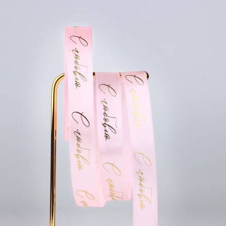 Satin tape with embossing "with love", pink, 2 cm x 22.5 m