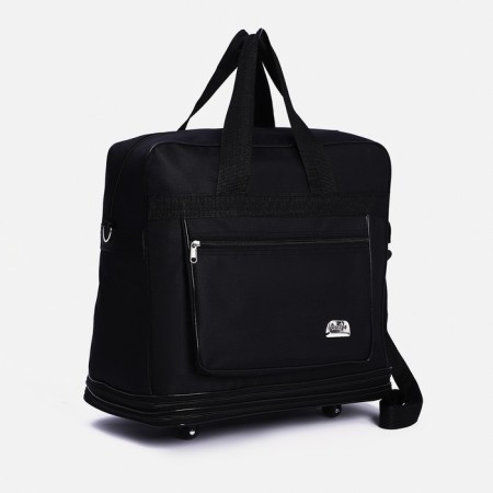 Road bag on wheels, a lightning department, with an increase, an outer pocket, a long belt, black color is black