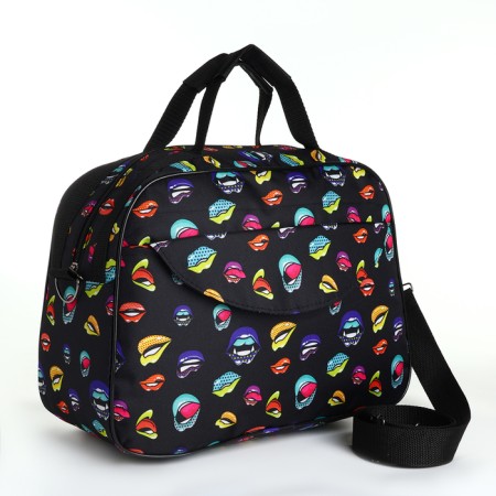 Road bag with zipper, external pocket, long belt, black color/multi -colored