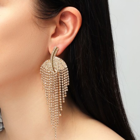 Hanging earrings with rhinestones "Grace" ladder, white color in gold, 11 cm-2