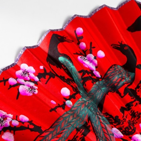 Fan bamboo, textile h = 50 cm "sakura with birds" red-2
