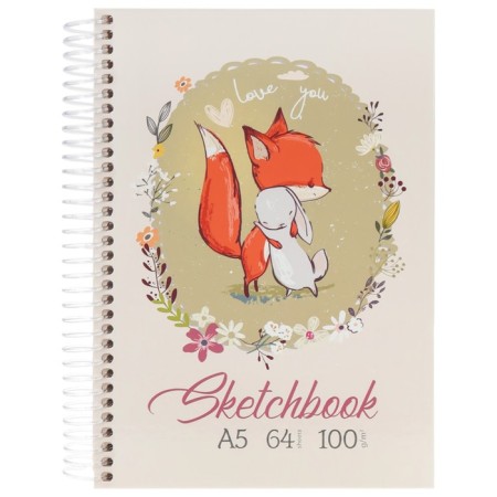 Sketchbook A5, 64 sheets on the crest "Lisenok and Bunny", solid cover, glossy lamination, block 100 g/m2