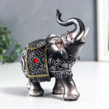 Polystone souvenir "Silver Elephant in Popon with patterns and rhinestones" MIX 15x14x7 cm-1