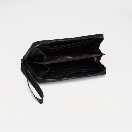 Male purse with zipper, department for bills, for maps, for coins, black color-2
