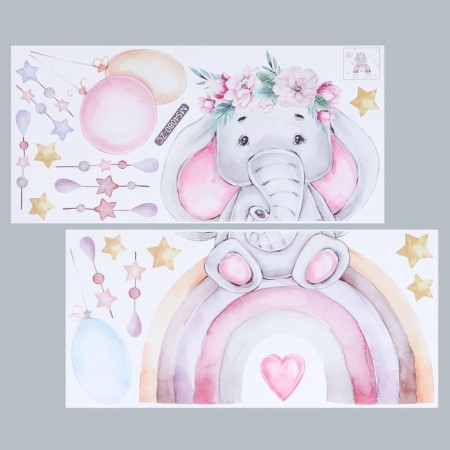 Sticker Plastic Interior color "Elephant on the rainbow with a wreath" set 2 sheets 30x60 cm-1