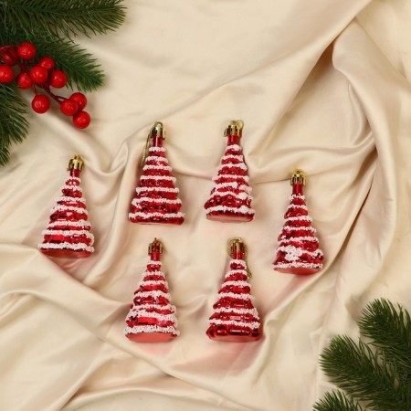 Christmas tree decoration "Festive Christmas tree" (set 6 pcs) 3.5x7 cm, red