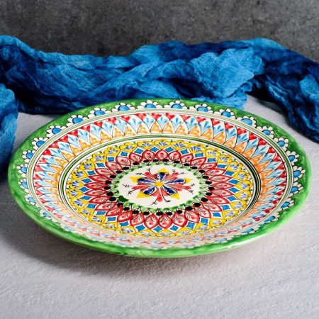 Plate plate of Rishtan ceramics "Patterns", green, flat, 27 cm