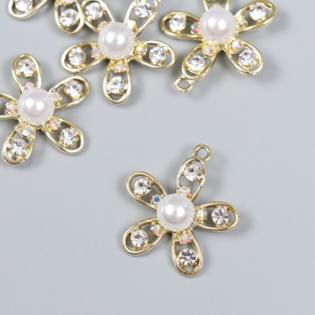 Decor for creativity metal, rhinestones "Chamomile with pearls" gold 2.5x3 cm
