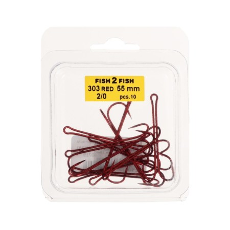 Double hook with a long fore -end Fish 2 Fish 303 No. 2/0, Red color, 55 mm