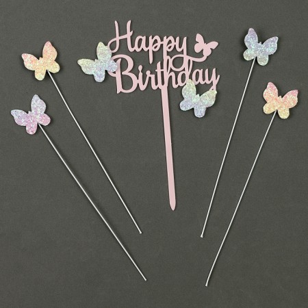 Set for decorating "Happy Birthday" butterflies, set 4 pcs, pink color-1