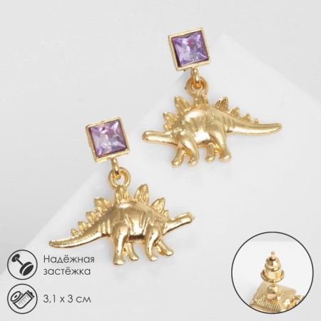 Earrings with rhinestones "dinosaurs", purple color in gold