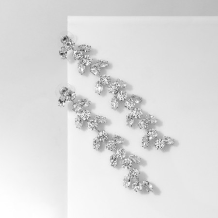Hanging earrings with rhinestones "Blink" with leaves, white color in silver, 8 cm-3