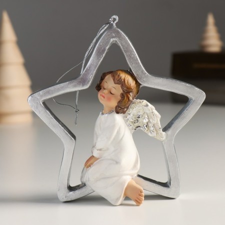 Souvenir Polystone Suspension "Angel on the Star" Silver Wings 4.5x11x11 cm