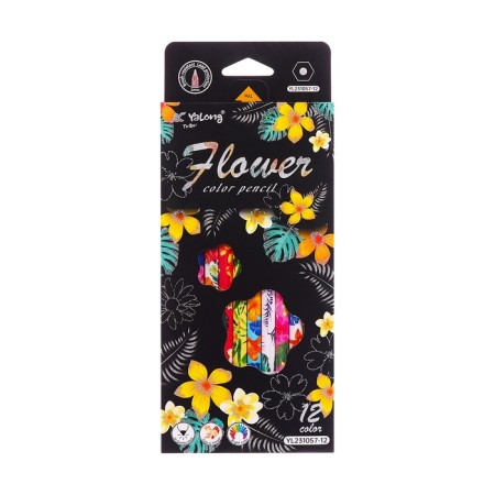 Pencils 12 colors in a cardboard box, hexagonal, wooden, flowers on a black mix-5