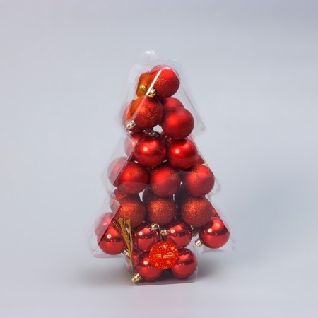 Set of balls plastic D -5 cm, 34 pcs "Christmas tree - snowflakes and peas" red-1
