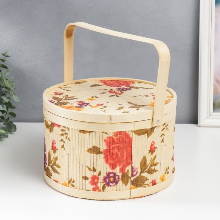 Bamboo box "Garden with peonies" round, with handles 16x26x26 cm-3