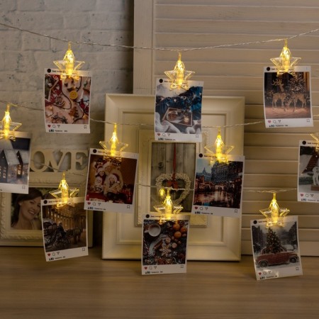 Garland “thread” 4.5 m with nozzles “clothespins-stars”, IP20, transparent thread, 20 LED, glow warm white, 220 V
