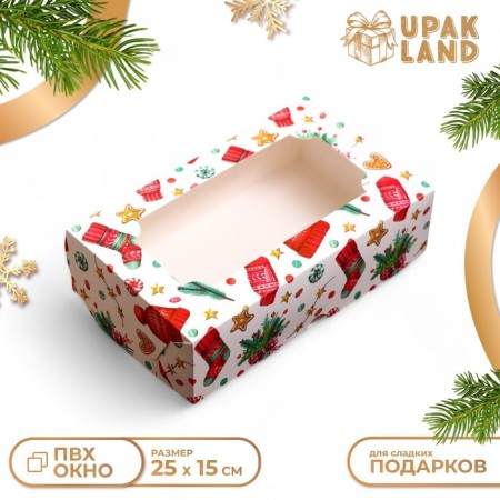 New Year. Folding box, confectionery packaging with the Window "New Year's Pattern", 25 x 15 x 7 cm