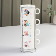 A set of ceramic mugs on a metal stand of the Owls, 4 subjects: 200 ml, MIX drawing