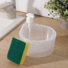 A dispenser for a detergent with a stand for a lobby of a share, a sponge included, 600 ml, 17 × 15.5 × 14 cm
