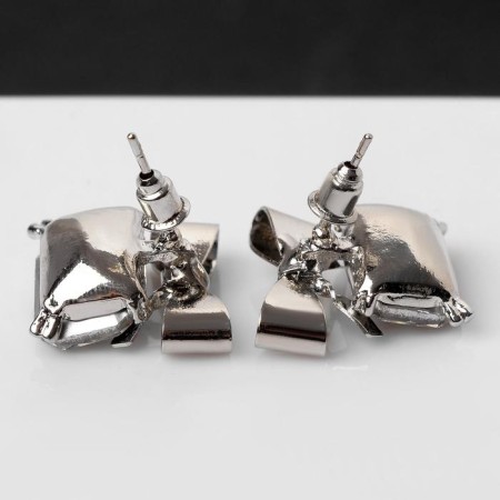 Earrings with rhinestones "bow" with a rectangle, gray color in silver-2