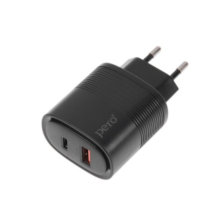Network charger PERO TC11, USB, USB-C, 3 A, fast charging, black