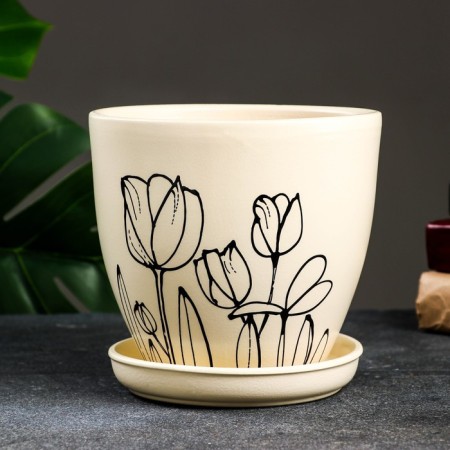 Flower pot "Tulips" beige, 2.4 liters-1