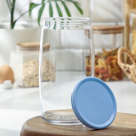 Bank for bulk products glass cesni, 1.5 l, blue plastic cover-1