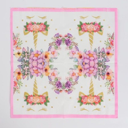 Paper napkins “Unicorn and flowers”, 33x33 cm, set 20 pcs., Pink color-1