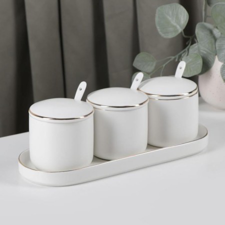 A set of ceramic cans with spoons on the stand "Pastel", 3 items: 250 ml, white color