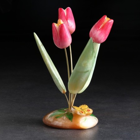 Souvenir tulips with a butterfly, 3 flowers, pink, selenite-1