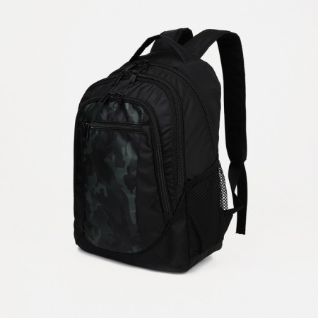 School backpack with reflective elements, "saxi", 2 parts on zippers, 4 external pockets, black/green color