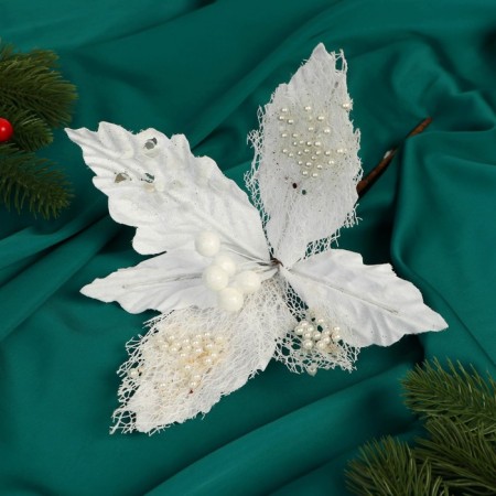 Decor "Winter flower" mesh beads, 24x15 cm, white-1