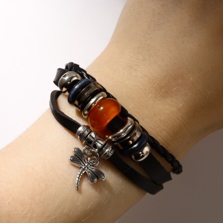 Hippie leather bracelet dragonfly, brown color, d = 6 cm-2