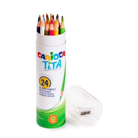 Pencils 24 colors, Carioca "Tita", wood, hexagonal, 3 mm stiffle, bright, tube + sharpener as a gift-1