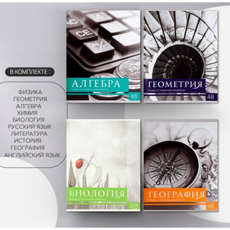 A set of subject notebooks of 48 sheets, "black-white", 10 items with reference material, covered paper cover, block No. 2, whiteness 75% (gray sheets)-4