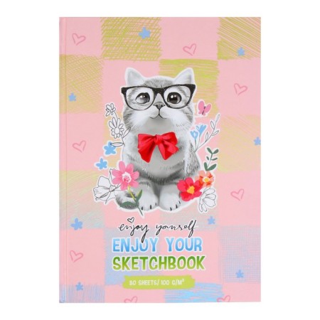 A5 sketchbook, 80 sheets of a “cat with a bow”, solid cover, matte lamination, tinted block 100g/m²