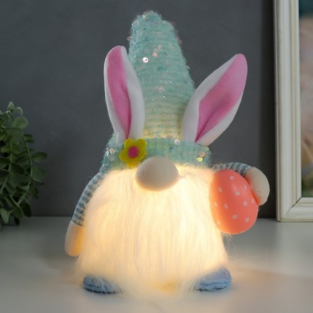 Interior light doll "Dwarf in a cap with bunny ears, sequins" Blue 30x8x8 cm