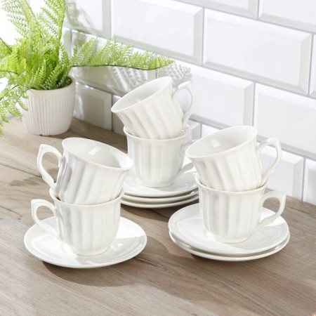 Tea ceramic tea on a wooden stand “Estet”, 12 objects: 6 cups d = 8.6 cm 200 ml, 6 Smarks 14.5 × 10.6 cm, white color-2