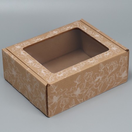 Box a gift team with a window, packaging, "flowers", brown, 27x10x21 cm