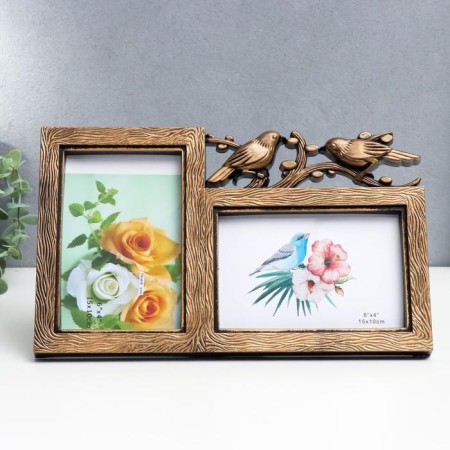 Photo frame Plastic in 2 photos 10x15 cm "Birds on a branch" Bronze 17.5x29.5 cm