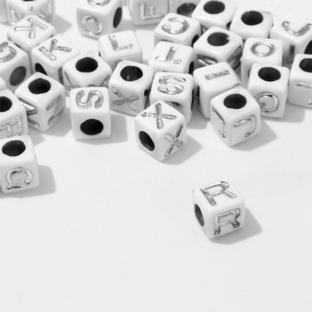 Acrylic bead "English letters" mix, cube 7 × 7 mm, set 10 g, white-silver color-1