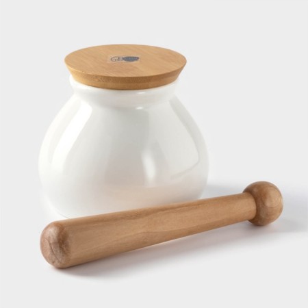 Porcelain mortar for spices with a pestle on the bamboo stand Bellatenero, 380 ml, white color-2