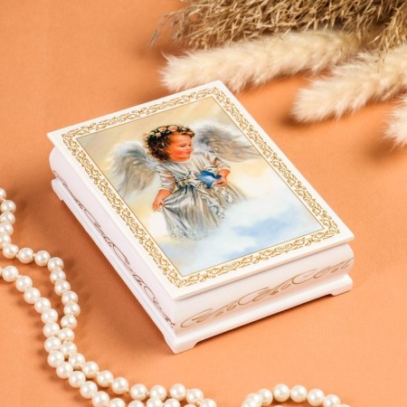 Casket "Angel with a bird", white, 10 × 14 cm, lacquer miniature