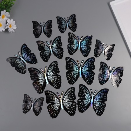 Plastic sticker "Black butterflies with silver" Double wings set 12 pcs 12 cm, 10 cm 8 cm