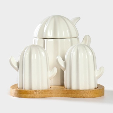 Porcelain set for spices on a bamboo stand Bellatenero "Cacti", 12 × 12.5 × 10 cm, white color-3